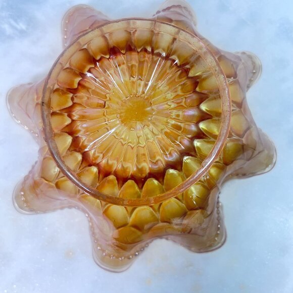 Vtg Dugan Amber Carnival Glass Bowl Ruffled Edge Peacock Tail Design Iridescent - Picture 3 of 8